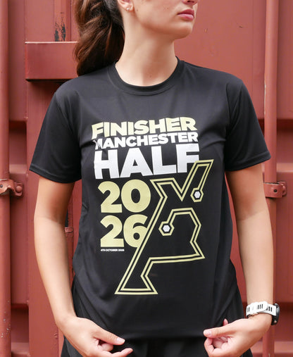 Woman wearing 2026 Manchester Half Finisher Top